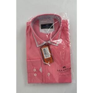 Makrom Double Collar Straight Long Sleeve Shirt Mens Large Fuchsia Polka Dot New